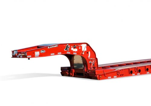 Red lowboy trailers, customized and sold by Etnyre